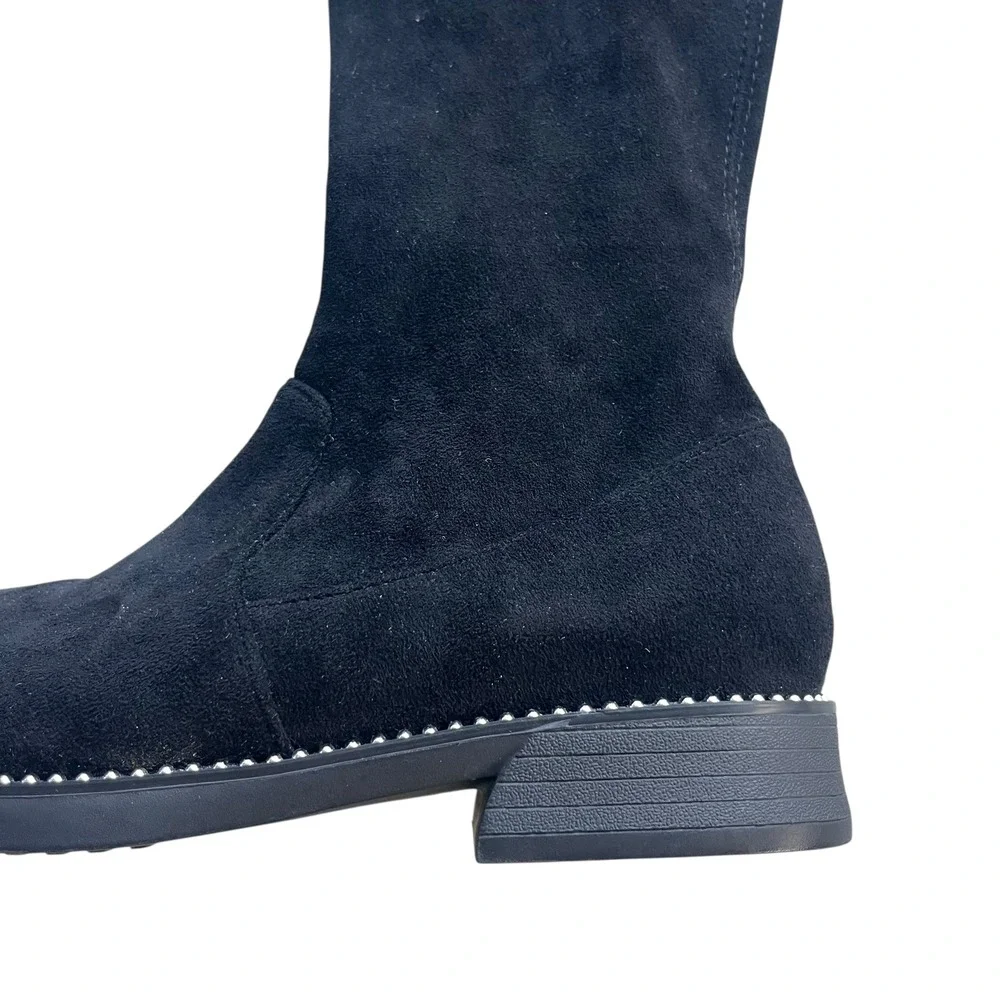 Women 35 Black Stretch Suede Silver Studded Knee High Tie Detail Flat Sole Boots